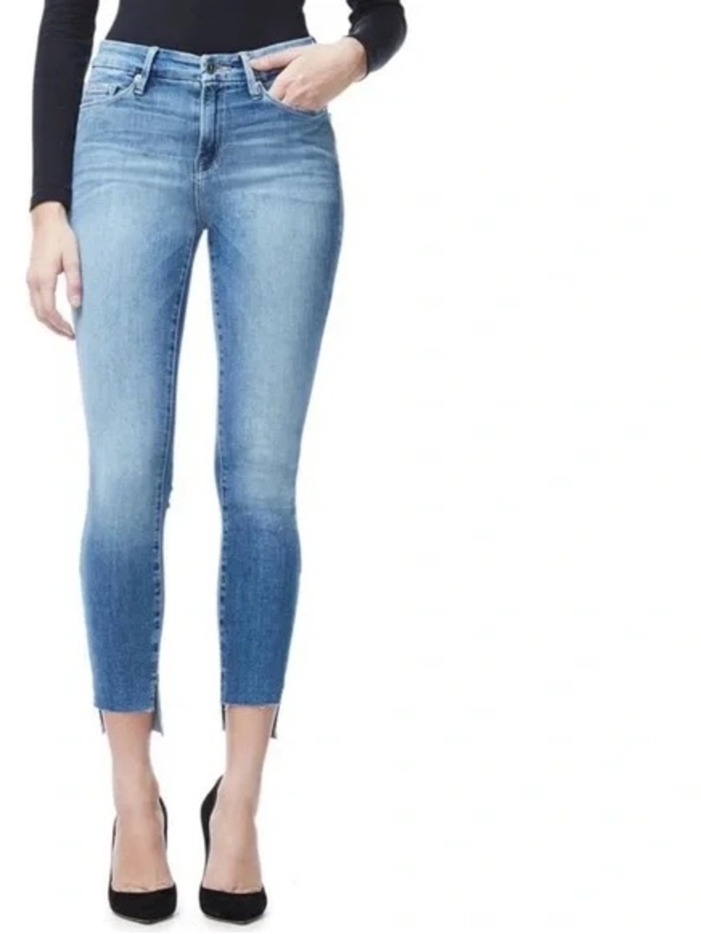 GOOD AMERICAN Good Legs Blue Medium Wash Skinny Denim Jeans Raw Hem Women